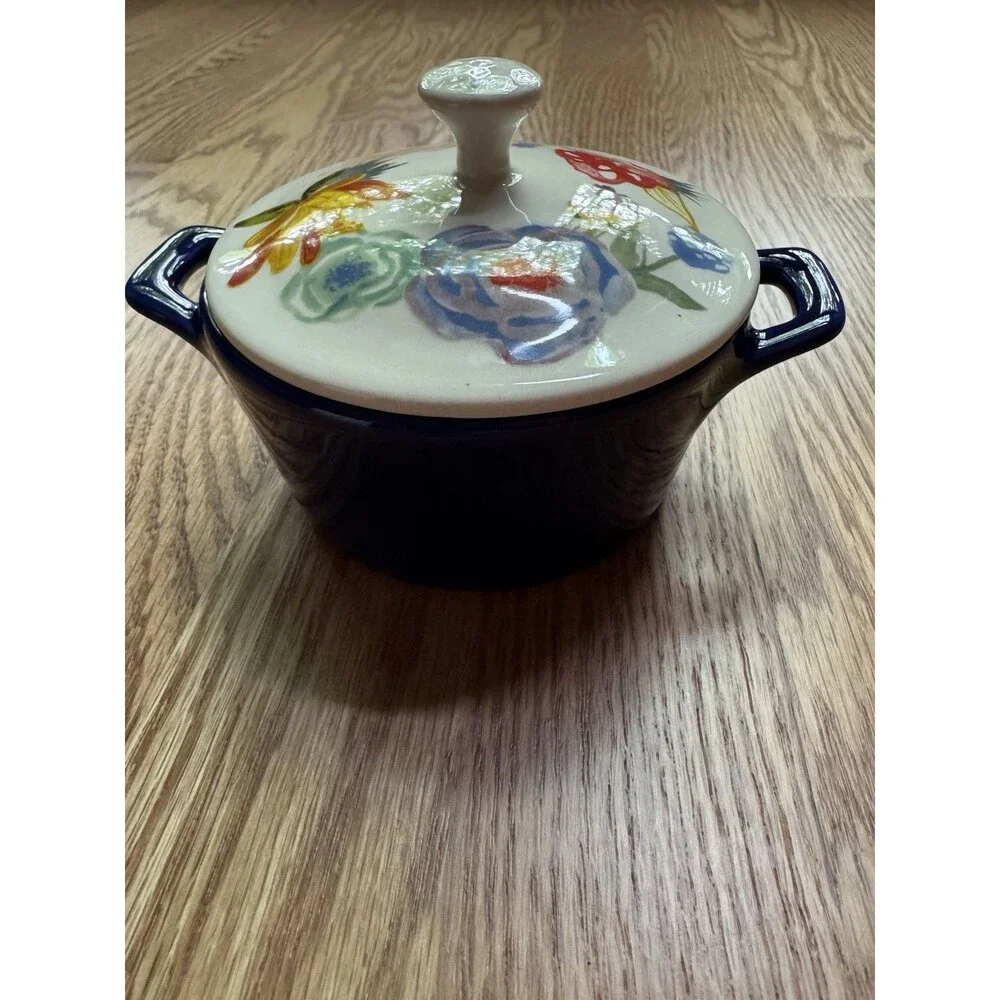 Pioneer Woman Celia Mini Casserole Individual‎ Crock Ceramic Floral Blue & White